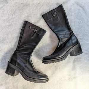 Vintage 90s Y2K Chunky Black Leather Heel Boots